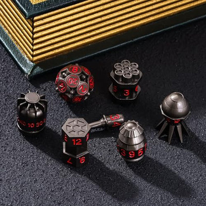 UDIXI RPG Metal Dice Set D&D 7PCS Polyhedral Metal DND Dice Set Black | Bomb Shape, Solid Metal, Cool Design, Leather Pouch Packaging, for Dungeons and Dragons Role Playing Games Tabletop Game - color: Black Red