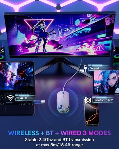 G57 Wireless Gaming Mouse, 8000 DPI, 80g, 2.4G/Bluetooth/USB-C Rechargeable Wireless Mouse with 5 Programmable Buttons for PC/Mac, White - color: White