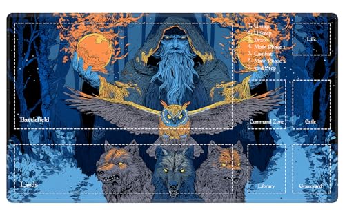 Fantasy Forest Wizard MTG Playmat, Gothic Wolf Owl TCG Mat with Game Zones, EDGFRTOIO Tabletop Magic Play Mats 24"x14" Non-Slip Rubber Base for Trading Card Games Battles - color: Fantasy Forest Wizard, size: 24"X14" With Zones