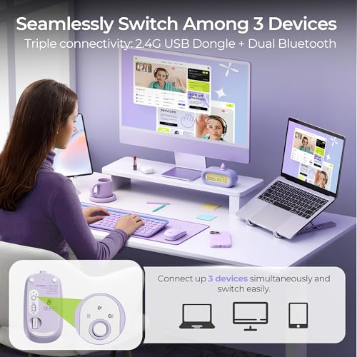 seenda MOU001 Bluetooth Wireless Mouse for Laptop,Slim Computer Mice,Purple | Rechargeable Computer mouse with USB and dual Bluetooth, 3-level DPI and quiet clicks for Windows, Macbook, iPad and Travel. - color: purple