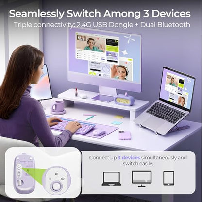 seenda MOU001 Bluetooth Wireless Mouse for Laptop,Slim Computer Mice,Purple | Rechargeable Computer mouse with USB and dual Bluetooth, 3-level DPI and quiet clicks for Windows, Macbook, iPad and Travel. - color: purple