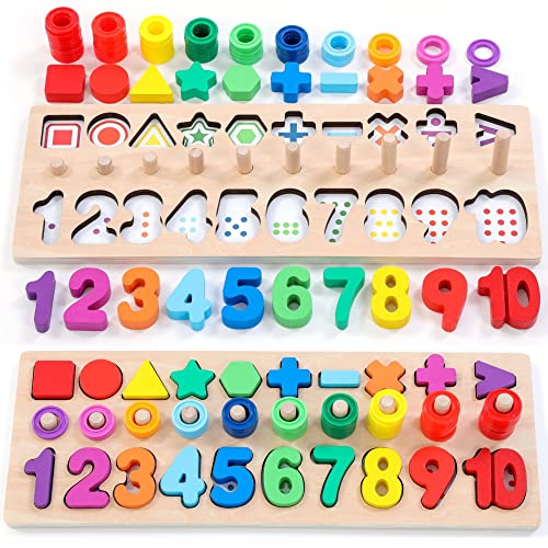 GeroCrew Wooden Montessori Toys for Kids Toddler Number Puzzles Sorter Counting Shape Stacker Stacking Game Preschool Toys for Boy Girl Learning Education Math Blocks Year Old Girl Gifts (Rainbow) - color: Rainbow