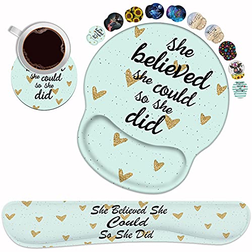 Keyboard Wrist Rest and Mouse Pad Wrist Rest Support Set with Coasters, She Believed She Could So She Did Inspirational Quote Wrist Mouse Pad with Non-Slip PU Base for Computer Laptop Home Office - color: Inspirational Quote She Believed She Could So She