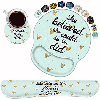 Keyboard Wrist Rest and Mouse Pad Wrist Rest Support Set with Coasters, She Believed She Could So She Did Inspirational Quote Wrist Mouse Pad with Non-Slip PU Base for Computer Laptop Home Office - color: Inspirational Quote She Believed She Could So She