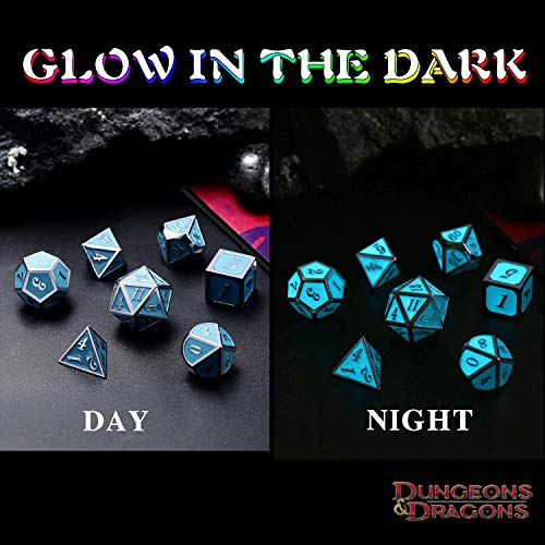 DnDnD Glowing DND Metal Dice Set,Luminous Blue Metal Dice for Role Playing Game Dungeons and Dragons RPGs and Other Table Games - color: Blue Glow in the Dark