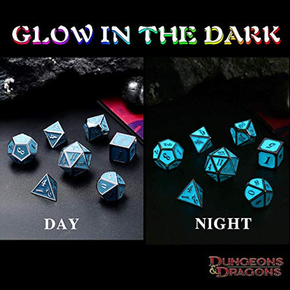 DnDnD Glowing DND Metal Dice Set,Luminous Blue Metal Dice for Role Playing Game Dungeons and Dragons RPGs and Other Table Games - color: Blue Glow in the Dark