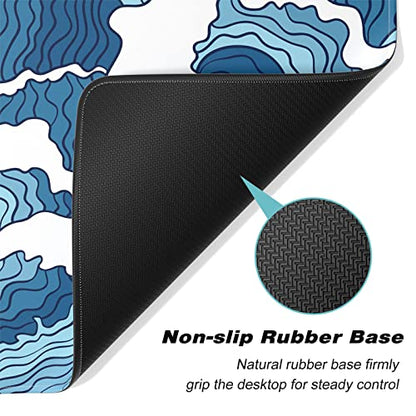 Extended Gaming Mouse Pad, Japanese Blue White Wave Mousepad, XL Large Mouse Mat Desk Pad 30 x 14 Inch, Waterproof Anime Mouse Pad with Stitched Edges and Non-Slip Base for Office Gaming - color: Blue White Wave