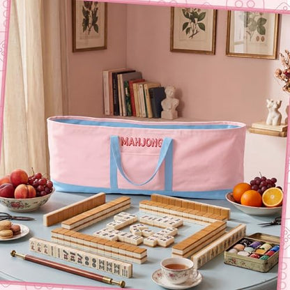 Mahjong Bag for Tiles and Racks Empty American Mahjong Tiles Carrying Tote 31.5 x 12 x 4 Inch Canvas Tile Game Accessory Gift for Pusher Rack Mat Carrying, Case Only (Pink and Blue) - color: Pink and Blue