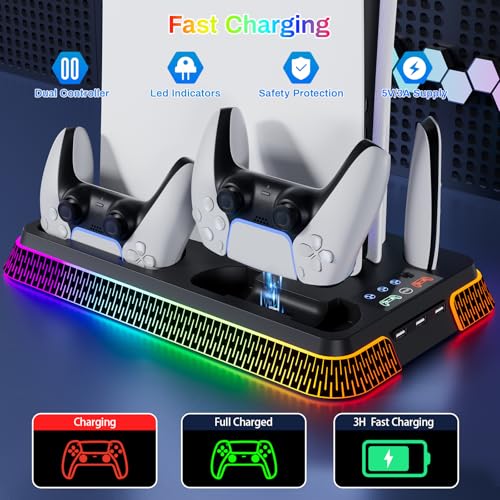 PS 5 Cooling Station, PS5/Slim/Pro Stand with Dual Charging Station for PlayStation5PRO, PS 5 Accessories Kits, Vertical Stand with 3 Levels Cooling Fan, Headset Holder for PlayStation5Digital/Disc - color: Piano-Black
