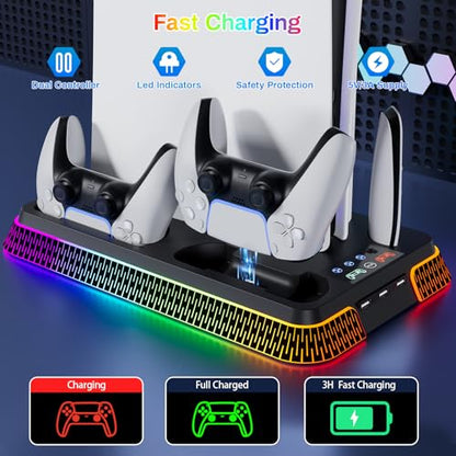 PS 5 Cooling Station, PS5/Slim/Pro Stand with Dual Charging Station for PlayStation5PRO, PS 5 Accessories Kits, Vertical Stand with 3 Levels Cooling Fan, Headset Holder for PlayStation5Digital/Disc - color: Piano-Black