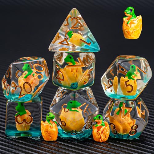 DND Resin Dinosaur Dice Set, D&D Polyhedral Dice for Dungeons and Dragons RPG, MTG Role Playing Games D and D Dice 7pcs-Set D20 D12 D10 D8 D6 D4 - color: Shell Breaking Dinosaur