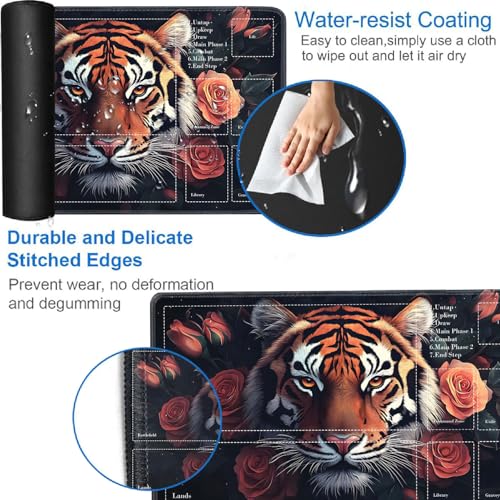 for MTG Card Playmat with Zones-Includes A Storage Bag and 6 Dice, 24 x 14 inches for TCG Playmat with Non-Slip Rubber, Game Mat, Mighty Tiger - color: Yux-playmats-2-2A-279