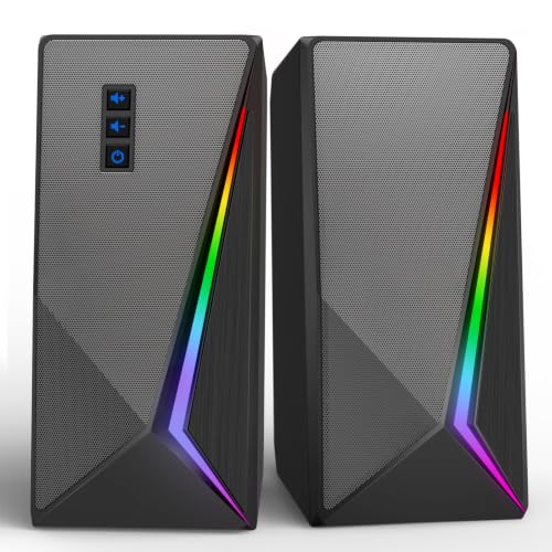 RGB Computer Speakers, USB Powered PC Desktop Speakers with 3.5mm AUX, Stereo Wired Gaming Speakers with LED Light & Volume Control, 2.0 Soundbar for Laptop Monitor Home Office