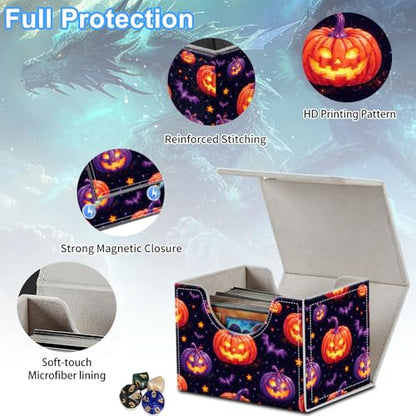 Pumpkins and Bats Deck Box for MTG Commander | Holds 100+ Double-Sleeved Cards | Strong Magnetic TCG Card Case for Collectible Games - color: Pumpkins and Bats