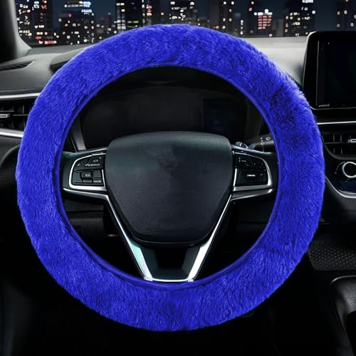 Furry Steering Wheel Cover, Fluffy Fuzzy Fur for Sweaty Cold Hands | Heat Absorbing, Soft Warm, Elastic Stretch, Standard Size 14.5"-15" Car Truck SUV, Anti-Slip Auto Interior Accessories, Blue - color: single cover - blue
