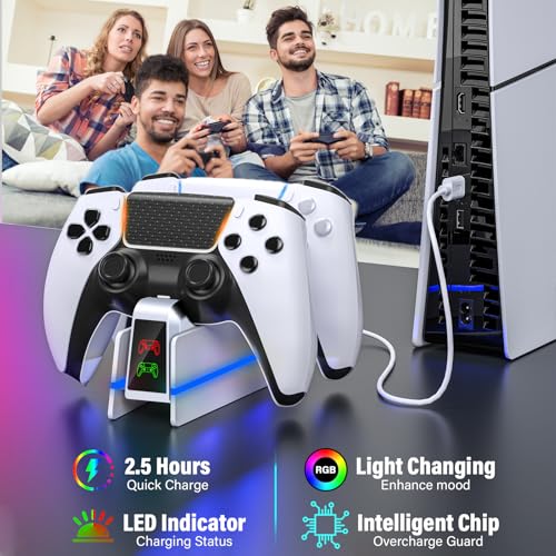 PS5-Controller-Charger-Station - Charging Station for PlayStation 5 Dualsense/Edge Controller with 9 Color Led Light, Fast Charging Dock & Holder Stand for PS5/Slim/Pro Remote - Whole White - color: Whole White P38