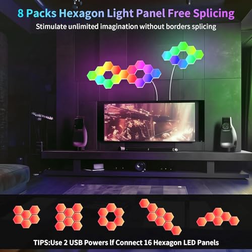 16-Pack Hexagon RGB LED Wall Lights, Smart Modular Light Panels with App & Remote Control, Music Sync Color Changing Lights, DIY Gaming Room Decor, Bedroom LED Wall Lighting, Expandable Design