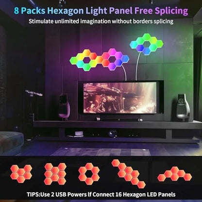 16-Pack Hexagon RGB LED Wall Lights, Smart Modular Light Panels with App & Remote Control, Music Sync Color Changing Lights, DIY Gaming Room Decor, Bedroom LED Wall Lighting, Expandable Design