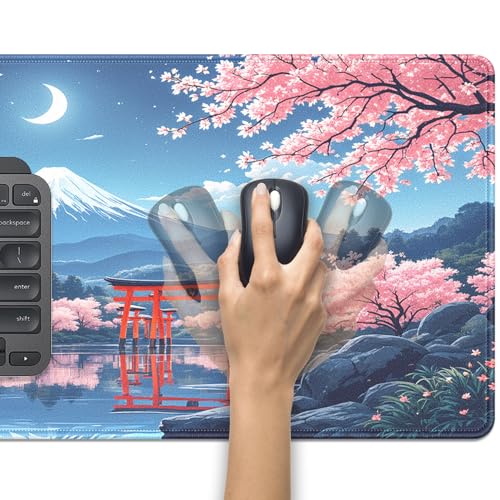 Cherry Blossom Large Mouse Pad Desk Pad, 27.5x11.8in Mount Fuji Keyboard Mouse Mat with Stitched Edges, Waterproof Non-Slip Rubber Base for Office Laptop Computer Home - color: Mount Fuji Cherry Blossom Moon