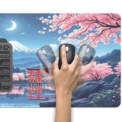 Cherry Blossom Large Mouse Pad Desk Pad, 27.5x11.8in Mount Fuji Keyboard Mouse Mat with Stitched Edges, Waterproof Non-Slip Rubber Base for Office Laptop Computer Home - color: Mount Fuji Cherry Blossom Moon