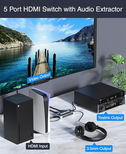 Kinivo HDMI Switch with Audio Extractor 560BNT (5 in 1 Out Hub, Toslink Optical Audio Port, SPDIF, 4K 60Hz Switcher, 18Gbps, IR Remote) - Compatible with Gaming Console, Cable TV, PC, Dolby Digital - size: 4K - 5 Port with Toslink