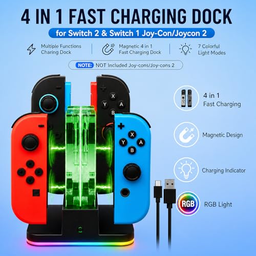 4 in 1 Charging Dock Compatible with Nintendo Switch 2/Switch 1 for Joy Con & JoyCons 2 Magnetic Fast Controller Charger Dock Station with RGB Light