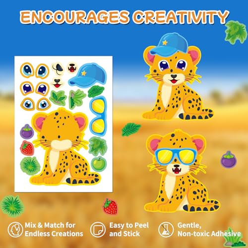 Aowplc 48 Make A Safari Animal Sticker Sheets - Jungle & Zoo Party Favors Supplies - Fun Craft Activities for Kids Ages 3+ - style: Safari Animals