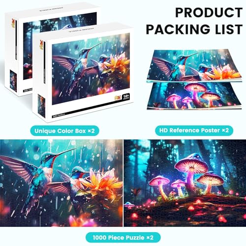 Edsjegn 2 Pack 1000 Piece Puzzle for Adults Jigsaw Puzzles 1000 Pieces 2000 Piece Puzzles for Adults Hummingbird Mushroom Jigsaw Puzzles White Elephant Gifts - color: Hummingbird + Mushroom