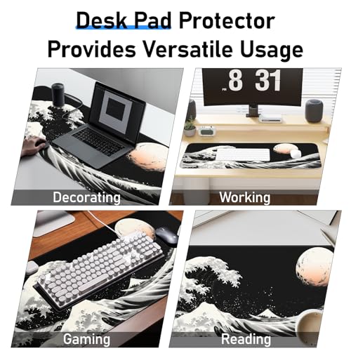 Gaming Mouse Pad, Japanese Mouse Pad, Non-Slip Rubber Base, for Laptop, Office and Home, 31.5x11.8 Inch Desktop Waterproof Desk Pad, Ocean Wave Anime Black Gaming - color: Kanagawa Kuroshio