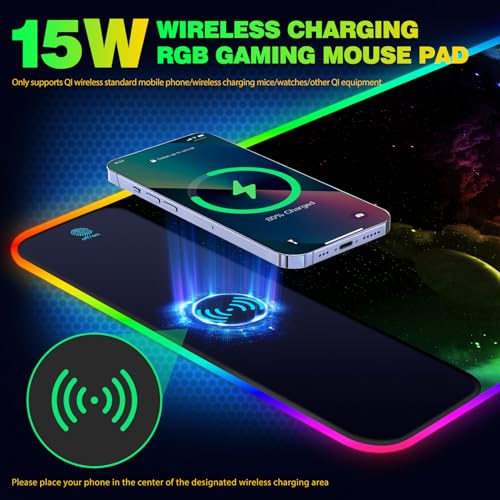 AIMSA Wireless Charging RGB Gaming Mouse Pad 15W, Extended LED Desk Mat Protector 800x300x4MM, 14 Light Modes Extra Large Mousepad Non-Slip Rubber Base Desk Mat, Nebula Universe - color: Nebula Universe