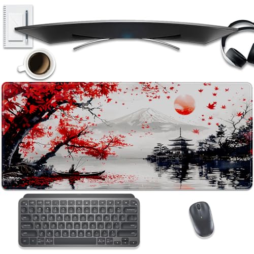 Mount Fuji Mouse Pad Desk Pad, 27.5x11.8 in Japanese Style Mouse Pad Extended Keyboard Mousepad with Stitched Edges, Waterproof Non-Slip Rubber Base for Office Computer Laptop Home - color: Red maple leaves and Mount Fuji
