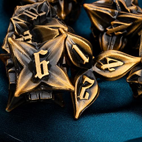 ARUOHHA DND Metal Dice Set Ancient Gold Leaf Design Polyhedral Dice with Box, 7PCS D and D Dice RPG Role Playing Games D20 D12 D10 D8 D6 - color: Leaves- Ancient Gold