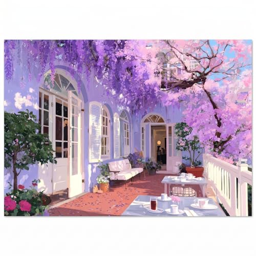 1000 Piece Puzzle for Adults, Afternoon Under Wisteria - Embossed Blue Cardboard Purple Floral Garden Art Jigsaw Puzzle for Adults and Wall Decor - color: Afternoon Under Wisteria