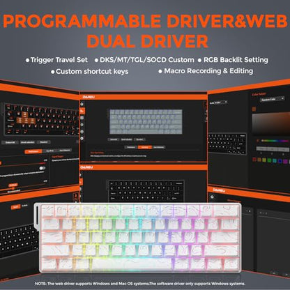 DAREU COOL60 60% Hall Effect Gaming Keyboard with Magnetic Switch, SOCD, 0.01mm Actuation Adjustable Rapid Trigger,8000 Hz Polling, Topographic PBT Keycaps, Hot-swap, RGB Backlit - color: White