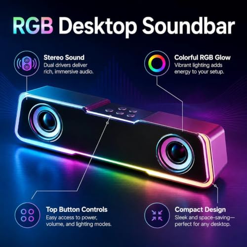 RGB Computer Soundbar Speakers for PC USB Desktop Stereo Speaker Gaming | Dual drivers deliver balanced stereo sound with enhanced clarity for music, gaming, movies and calls.