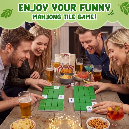 Capoda 2 Players Mahjong Block Set Dinosaur Mahjong Game with 65 Pcs 1.2 inch Green Tiles Mini Travel Tile Game with Dice Portable Bag for Holiday Travel Family Party Nights Supplies - style: Dinosaur
