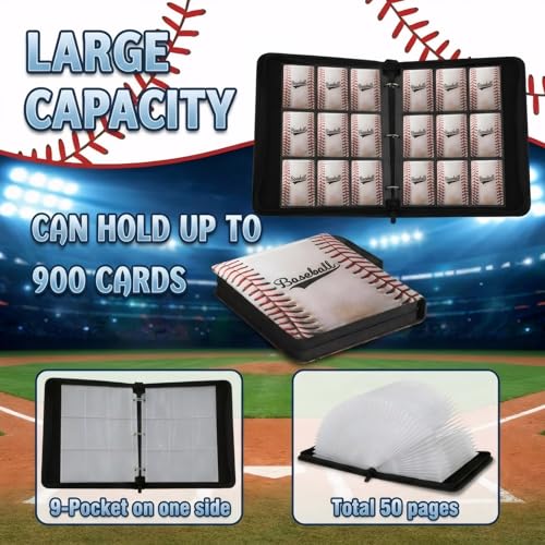 Trading Card Binder 9 Pocket, Retro Baseball Card Binder Holds 900 Cards with 50 Removable Sleeves, Waterproof PU Leather with Zipper Card Collector Album Book Compatible with TCG Cards - color: Retro Baseball