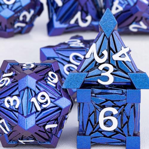 7PCS Metal DND Dice Set with Box, Debris RPG Blue White D and D Dice for D&D Tabletop Games Role Playing Game Polyhedral Dice Set D20 D12 D10 D8 D6 D4 - color: Blue White