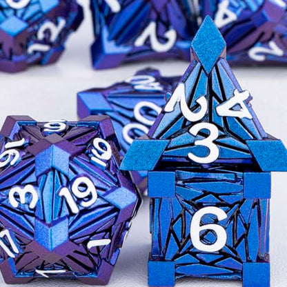 7PCS Metal DND Dice Set with Box, Debris RPG Blue White D and D Dice for D&D Tabletop Games Role Playing Game Polyhedral Dice Set D20 D12 D10 D8 D6 D4 - color: Blue White