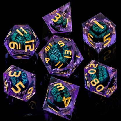 ARUOHHA Dragon Eye DND Dice, Purple Green Resin Sharp Edged Dice Set RPG Role Playing Game, Liquid Core Polyhedral D and D Dice Set D20 D12 D10 D8 D6 D4 - color: Ly03-purple