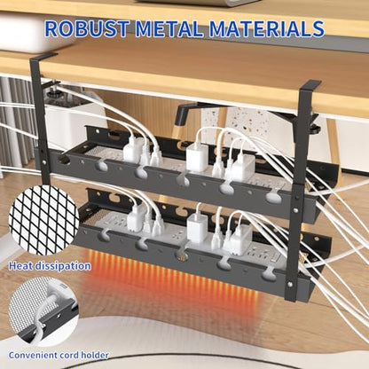31Inch Extendable Under Desk Cable Management Tray Multi-Model Metal Cable Management Tray Under Desk Cord Management with Clamp Power Strip Cord Holder for Wire Cable Management