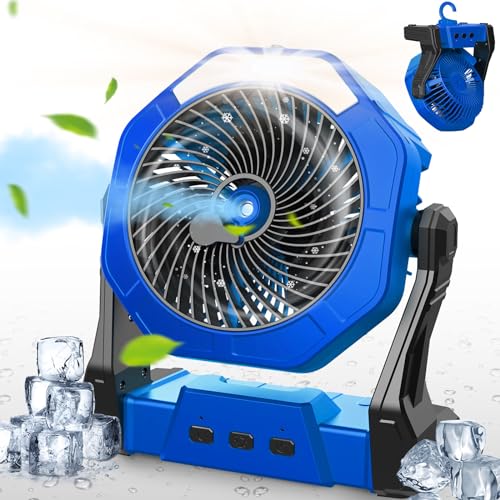 Ausic Portable Misting Camping Fan, 8" Outdoor Cooling Fan with LED Light, Water Spray, Hook, [Max 35H] Battery Operated Rechargeable Fan for Sports Sidelines, Patio, Beach, Tent, Travel - color: Blue, style: 8-35Hrs Runtime