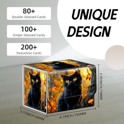 Trading Card Storage Box, Holds 100+ for MTG Cards, Premium PU Leather with Magnetic Closure, Black Cat In Autumn Tree Durable Deck Box for Magic the Gathering, Trading Card Games - color: Black Cat In Autumn Tree