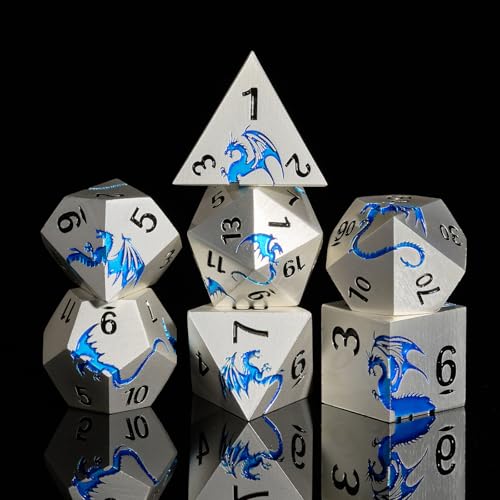 Metal Dragon DND Dice Set,7-Piece RPG Dice,Silver Blue | Zinc alloy polyhedral dragon dice set with easy-to-read numbers and a magnetic gift box for DND players and collectors. - color: Matte Silver With Blue