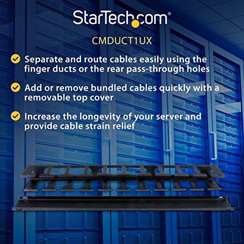 StarTech.com Horizontal 1U Server Rack Cable Management Finger Duct w/ Cover - 19" Network Rack Wire Duct Raceway Panel - Slotted Wire Duct (CMDUCT1UX) | Routes & bundles cables, Slotted raceway, Removable top cover, Pass-through holes, Server room, 2-yea