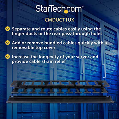 StarTech.com Horizontal 1U Server Rack Cable Management Finger Duct w/ Cover - 19" Network Rack Wire Duct Raceway Panel - Slotted Wire Duct (CMDUCT1UX) | Routes & bundles cables, Slotted raceway, Removable top cover, Pass-through holes, Server room, 2-yea