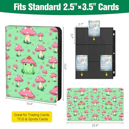 Cute Frog & Mushroom 9-Pocket Trading Card Binder Album, 900 Card Zipper Binder with 50 Removable Sleeves, Refillable 3-Ring Card Book for MTG, TCG and Sports Cards, Fits 2.5" x 3.5" Cards - color: Frog & Mushroom