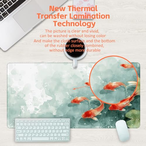 Desk Pad, Watercolor Koi Fish Desk Mat, Koi Fish in Pond Large Gaming Mouse Pad, 31.5"x15.7" Extended Big Computer Keyboard Mouse Pad with Non-Slip Base and Stitched Edge - color: Watercolor Koi Fish