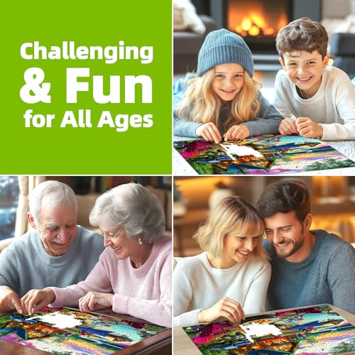 1000 Piece Puzzle for Adults Lakeside Sunset Log Cabin Jigsaw Adult Puzzles with Fire Pit & Dock Lake Landscape Puzzle with Letters on Back, Fun Games for Adult Game Night - color: Colorful- Sunset Log Cabin