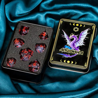 ARUOHHA Liquid Core DND Dice Set, Blood Sharp Edged Dragons Dice Compatible with D&D RPG Role Playing Games, Resin Blood Red Polyhedral Dungeons D and D Dice with Gift Box D20 D12 D10 D8 D6 D4 - color: Vampire